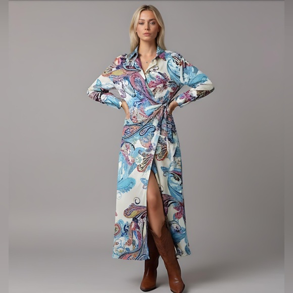 Paisley Print Knot Side Wrap Dress - Picture 2 of 6